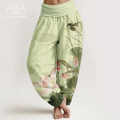 Buddha Stones Cotton Pink Lotus Leaves Bird Pattern Women's Elastic Waist Harem Pants - Khaki - US22，UK/AU26，EU54 (6XL) - image 0