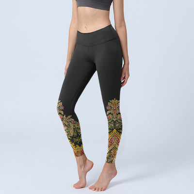 Buddha Stones Delicate Warm Tones Flower Leaf Pattern Print Gym Leggings Women's Yoga Pants - Black - US18，UK/AU22，EU50 (4XL) - image 0