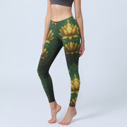 Foviel Golden Lotus Pattern Print Gym Leggings Women's Yoga Pants