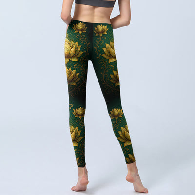 Buddha Stones Golden Lotus Pattern Print Gym Leggings Women's Yoga Pants - image 6