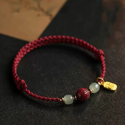 Buddha Stones Fu Character Hetian Jade Bead Om Mani Padme Hum Cinnabar Red String Prosperity Bracelet - Red String(Wrist Circumference: 15-20cm) - image 0