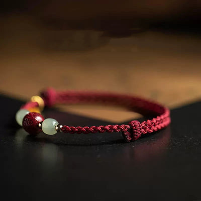 Buddha Stones Fu Character Hetian Jade Bead Om Mani Padme Hum Cinnabar Red String Prosperity Bracelet - image 1