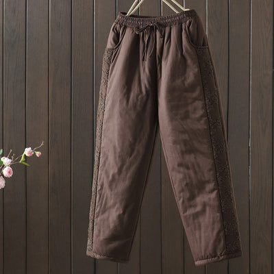 Buddha Stones Flower Pattern Cotton Polyester Embroidery Thick Women's Pants With Pockets - SaddleBrown - US8-10，UK/AU12-14，EU40-42 (2XL) - image 1