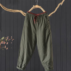 Buddha Stones Plain Color Blocking Cotton Polyester Thick Women's Pants With Pockets - DarkOliveGreen - US12，UK/AU16，EU44 (3XL) - image 0