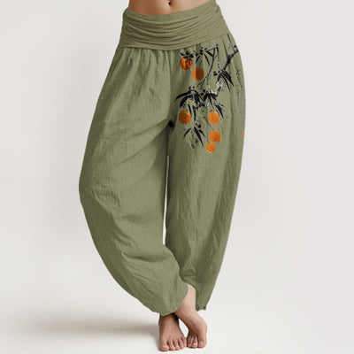 Buddha Stones Pure Cotton Brightly Colored Fruit Branches Pattern Women's Elastic Waist Harem Pants - OliveDrab - US16，UK/AU20，EU48 (3XL) - image 14