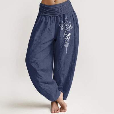 Buddha Stones Pure Cotton Minimalist Style Lotus Om Symbol Pattern Women's Elastic Waist Harem Pants - DarkSlateBlue - US16，UK/AU20，EU48 (3XL) - image 5