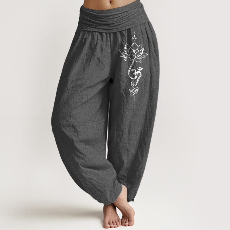 Buddha Stones Pure Cotton Minimalist Style Lotus Om Symbol Pattern Women's Elastic Waist Harem Pants - DimGray - US16，UK/AU20，EU48 (3XL) - image 8