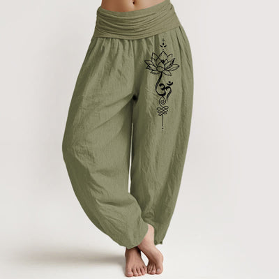Buddha Stones Pure Cotton Minimalist Style Lotus Om Symbol Pattern Women's Elastic Waist Harem Pants - OliveDrab - US16，UK/AU20，EU48 (3XL) - image 14