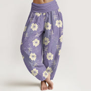 Foviel reine Baumwolle weiß Blumen Gras Damen elastische Taille Harem Hose