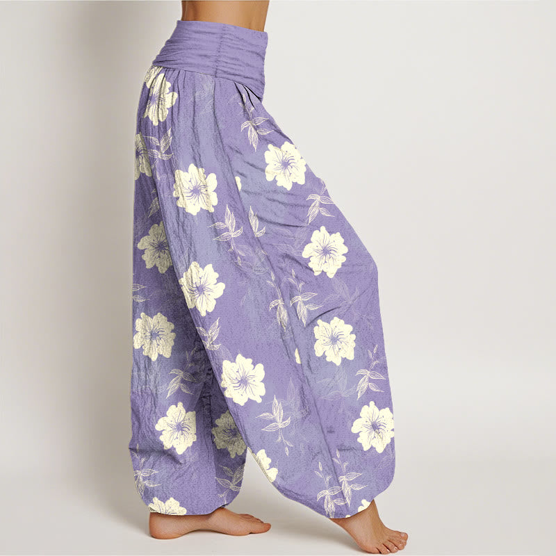 Buddha Stones Pure Cotton White Flowers Grass Women's Elastic Waist Harem Pants - image 7