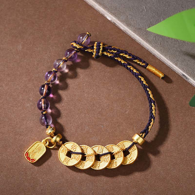 Buddha Stones Five-Emperor Coins Copper Amethyst Cinnabar Black Red String Balance Attract Fortune Bracelet - Copper Amethyst Black Rope(Wrist Circumference: 16-19cm) - image 12