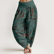 Foviel Pure Cotton Blooming Flowers Branches Leaves Women's Elastic Waist Harem Pants