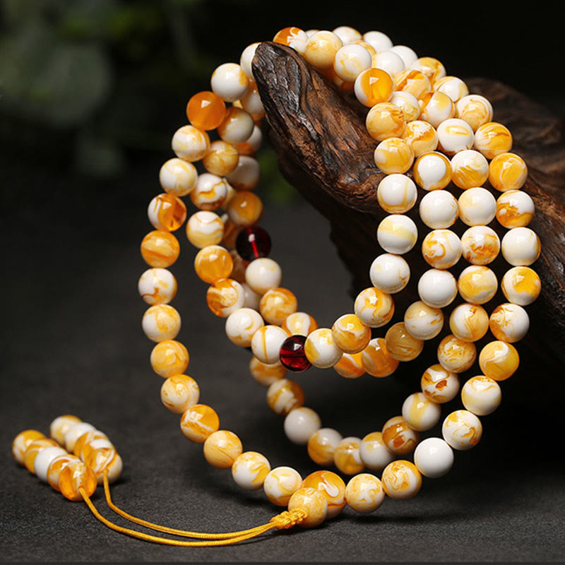 Buddha Stones Tibetan White Yellow 108 Beads Amber Mala - image 2