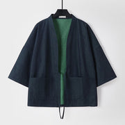Foviel Solid Lace-up Open Front Three Quarter Sleeve Jacket Men's Denim Cotton Kimono