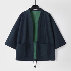 Buddha Stones Solid Lace-up Open Front Three Quarter Sleeve Jacket Men's Denim Cotton Kimono - Black - US/UK/AU54，EU64 (9XL) - image 0