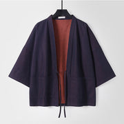 Foviel Solid Lace-up Open Front Three Quarter Sleeve Jacket Men's Denim Cotton Kimono