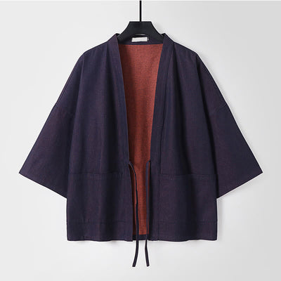 Buddha Stones Solid Lace-up Open Front Three Quarter Sleeve Jacket Men's Denim Cotton Kimono - SteelBlue - US/UK/AU54，EU64 (9XL) - image 1