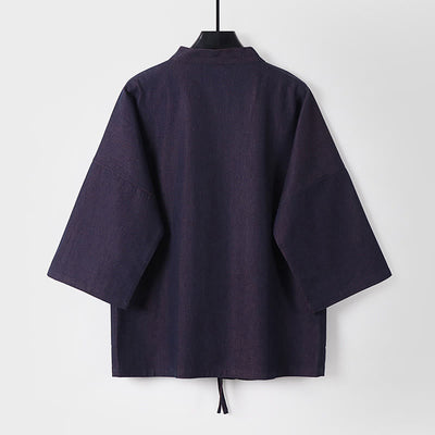 Buddha Stones Solid Lace-up Open Front Three Quarter Sleeve Jacket Men's Denim Cotton Kimono - image 2