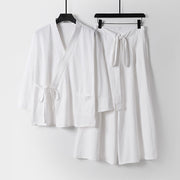 Foviel 2Pcs Fall Lace-up Cotton Kimono Ankle-Length Wide Leg Pants With Pockets Men's Meditation Cloth Set