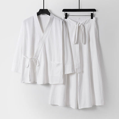 Buddha Stones 2Pcs Fall Lace-up Cotton Kimono Ankle-Length Wide Leg Pants With Pockets Men's Meditation Cloth Set - White - US/UK/AU54，EU64 (9XL) - image 17