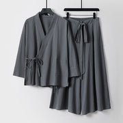 Foviel 2Pcs Fall Lace-up Cotton Kimono Ankle-Length Wide Leg Pants With Pockets Men's Meditation Cloth Set