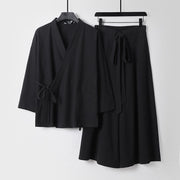 Foviel 2Pcs Fall Lace-up Cotton Kimono Ankle-Length Wide Leg Pants With Pockets Men's Meditation Cloth Set