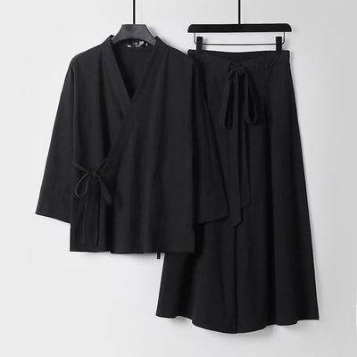 Buddha Stones 2Pcs Fall Lace-up Cotton Kimono Ankle-Length Wide Leg Pants With Pockets Men's Meditation Cloth Set - Black - US/UK/AU54，EU64 (9XL) - image 4