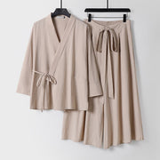 Foviel 2Pcs Fall Lace-up Cotton Kimono Ankle-Length Wide Leg Pants With Pockets Men's Meditation Cloth Set