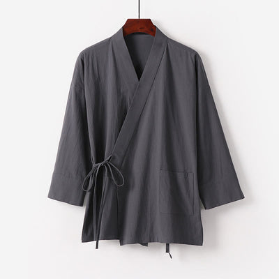 Buddha Stones 2Pcs Fall Lace-up Cotton Kimono Ankle-Length Wide Leg Pants With Pockets Men's Meditation Cloth Set - image 2