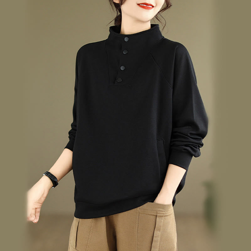 Buddha Stones Fall Solid Stand Collar Buttons Design Long Sleeve Women's Cotton Sweatshirt - image 1