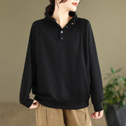 Foviel Fall Solid Stand Collar Buttons Design Long Sleeve Women's Cotton Sweatshirt