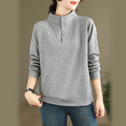 Foviel Fall Solid Stand Collar Buttons Design Long Sleeve Women's Cotton Sweatshirt