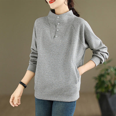 Buddha Stones Fall Solid Stand Collar Buttons Design Long Sleeve Women's Cotton Sweatshirt - image 7