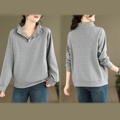 Buddha Stones Fall Solid Stand Collar Buttons Design Long Sleeve Women's Cotton Sweatshirt - image 9