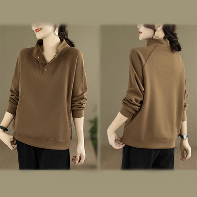 Buddha Stones Fall Solid Stand Collar Buttons Design Long Sleeve Women's Cotton Sweatshirt - image 29