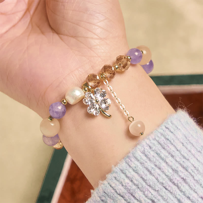 Buddha Stones Four Leaf Clover Amethyst Citrine Green Strawberry Quartz Rutilated Quartz Balance Bracelet - image 4