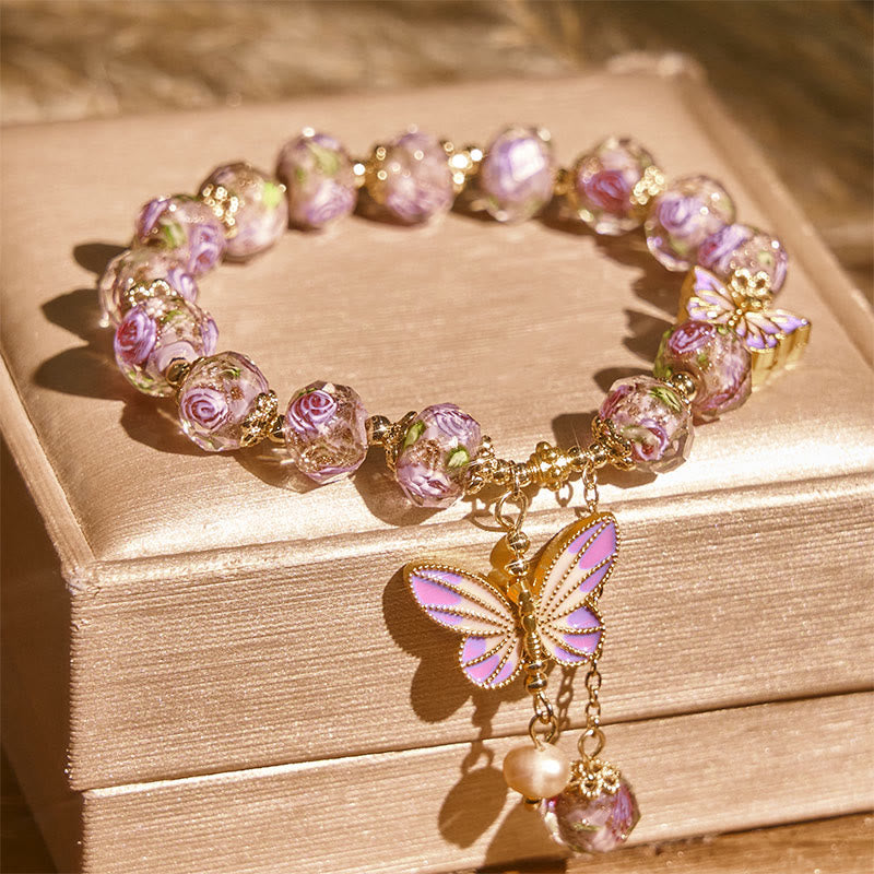 Buddha Stones Double Butterflies Charm Flower Liuli Glass Beaded Love Bracelet - Liuli(Wrist Circumference: 14-16cm) - image 0