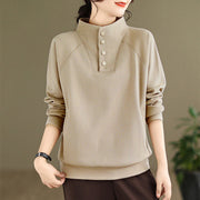 Foviel Fall einfarbig Stand Kragen Knöpfe Design Lange Ärmel Damen Baumwolle Sweatshirt