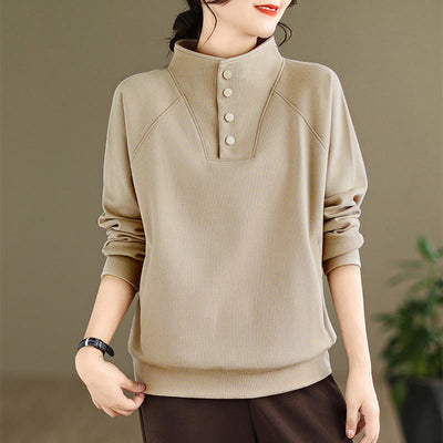 Buddha Stones Fall Solid Stand Collar Buttons Design Long Sleeve Women's Cotton Sweatshirt - Tan - US8-10，UK/AU12-14，EU40-42 (2XL) - image 21