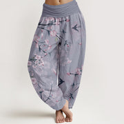 Foviel Cotton Peach Blossoms Flying Geese Pattern Women's Elastic Waist Harem Pants