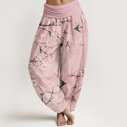 Foviel Cotton Peach Blossoms Flying Geese Pattern Women's Elastic Waist Harem Pants