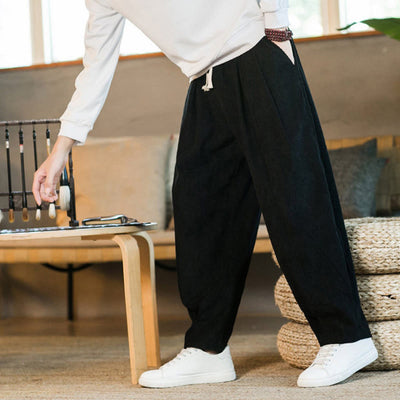 Buddha Stones Retro Men's Plain Fleece-Lined Corduroy Simple Design Harem Pants With Pockets - image 44