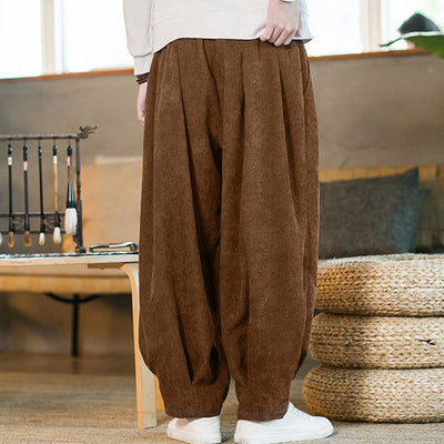 Buddha Stones Retro Men's Plain Fleece-Lined Corduroy Simple Design Harem Pants With Pockets - image 7