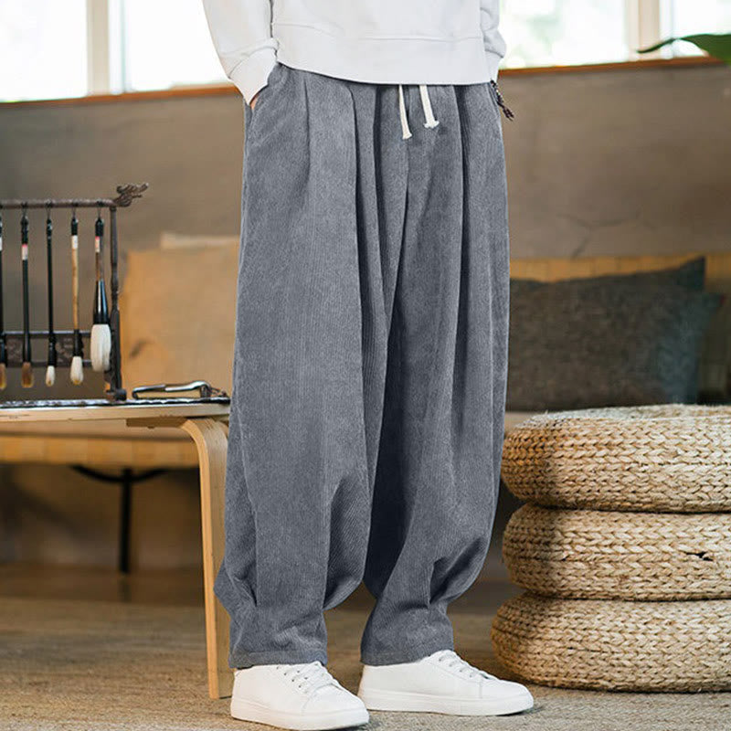 Buddha Stones Retro Men's Plain Fleece-Lined Corduroy Simple Design Harem Pants With Pockets - image 16