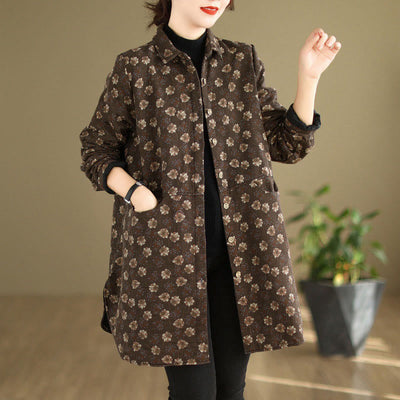 Buddha Stones Fall Winter Buttons Flower Patterns Long Sleeve Cotton Women's Jacket With Pockets - SaddleBrown - US12，UK/AU16，EU44 (3XL) - image 0