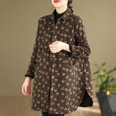 Buddha Stones Fall Winter Buttons Flower Patterns Long Sleeve Cotton Women's Jacket With Pockets - image 2