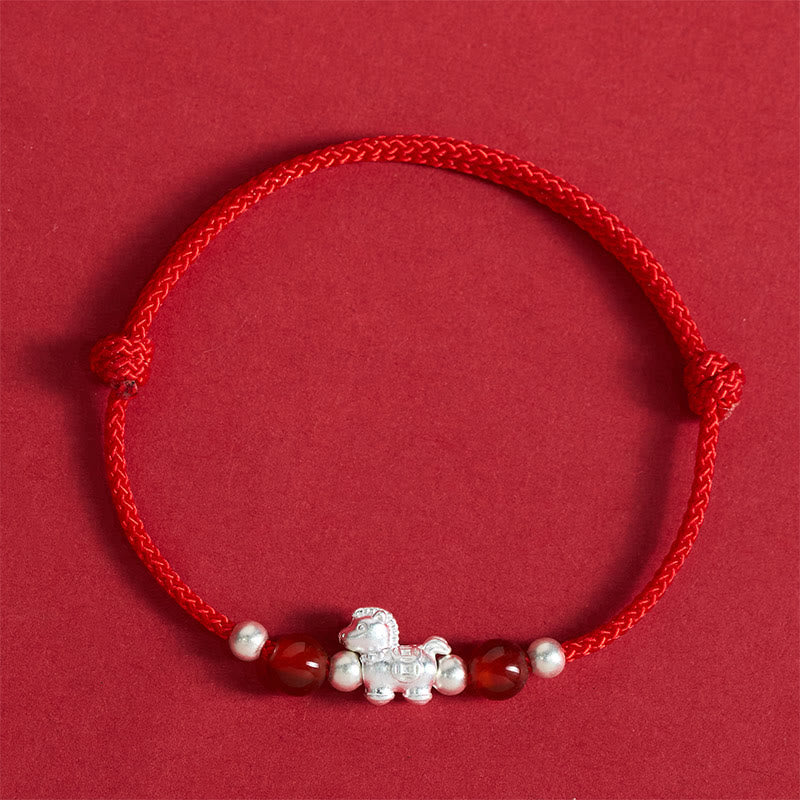 Buddha Stones 999 Sterling Silver Red Agate Year Of The Horse Prosperity String Bracelet - Red Rope(Wrist Circumference: 14-21cm) - image 1