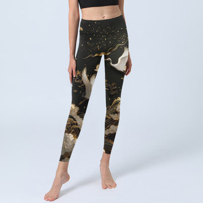 Buddha Stones Crane Cloud Waves Pine Tree Pattern With Delicate Lines Print Gym Leggings Women's Yoga Pants - image 5