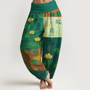 Foviel Pure Cotton Strong Visual Impact Lotus Flowers Leaves Pattern Women's Elastic Waist Harem Pants