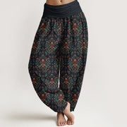 Foviel Pure Cotton Retro Symmetrical Flower Leaf Pattern Women's Elastic Waist Harem Pants